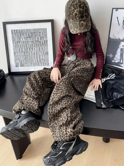 Girls' Leopard Print Cargo Pants 2026 Spring Autumn Street Dance Loose Wide Leg Pants for Kids 5-12 Years