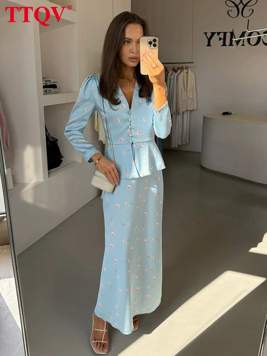 TTQV Fashion Slim Print Women's Two Pieces Set 2026 Elegant Long Sleeve Shirt With High Waist Long Skirt Set Female Clothing
