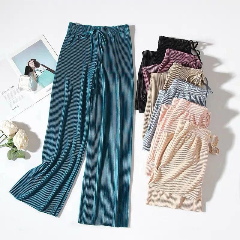 Women Fashion Summer Wide Leg Pants Pleated Ice Silk Trousers Elastic Waist Loose Casual Pants