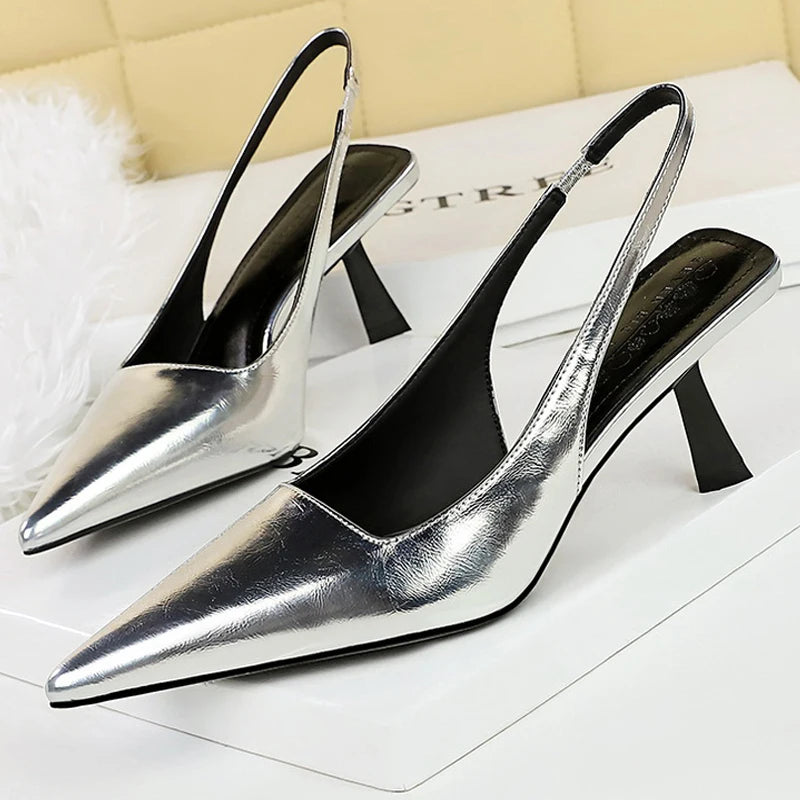 BIGTREE Shoes Summer Women Sandals Patent Leather Kitten Heels Ladies Shoes Hollow Back Strap Sandals Women Sandals Party Shoes