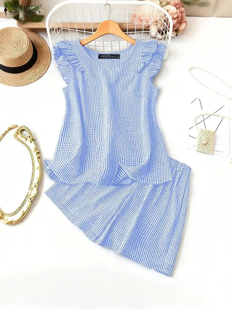 Stylish Smmer 2 Pieces Sets ZANZEA Women Outfits Elegant Sleeveless Blouse Short Sets Plaid Checked Tracksuit 2PCS Holiday Suit