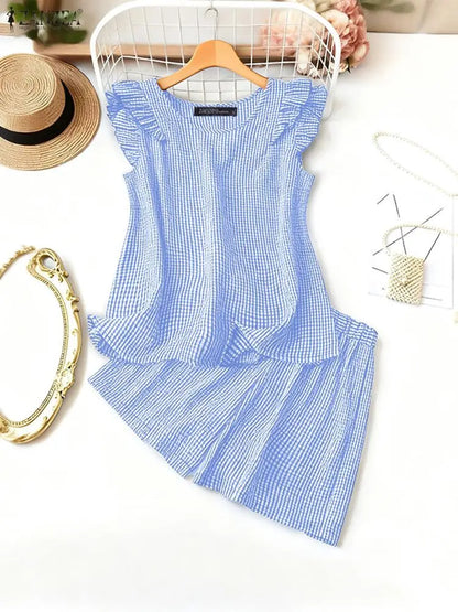 Stylish Smmer 2 Pieces Sets ZANZEA Women Outfits Elegant Sleeveless Blouse Short Sets Plaid Checked Tracksuit 2PCS Holiday Suit