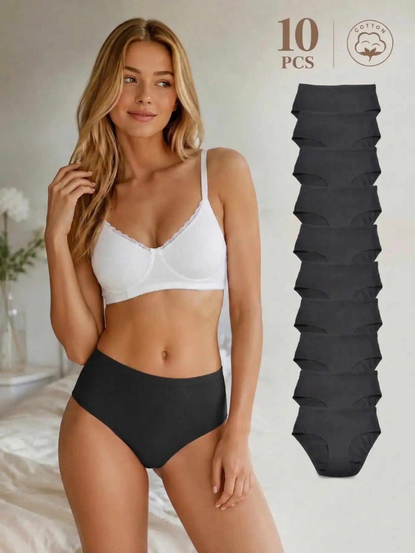 10Pcs Women Solid Black Ribbed Cotton Briefs Set, Mid Rise Simple Daily Basic Panties, Casual Everyday Ladies Underwear Multi Pa