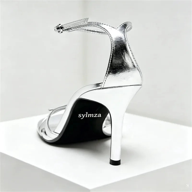 Elegant Patent Leather Silver Heeled Sandals Women Sexy Open Toe Ankle Strap Buckle Thin High Heels Party Wedding Designer Shoes