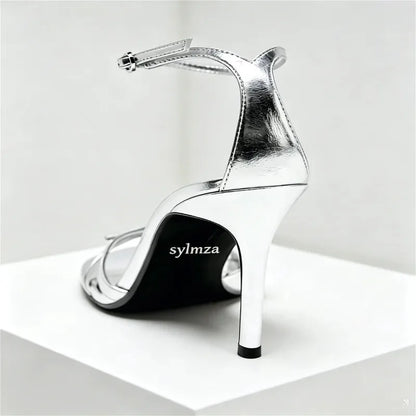 Elegant Patent Leather Silver Heeled Sandals Women Sexy Open Toe Ankle Strap Buckle Thin High Heels Party Wedding Designer Shoes