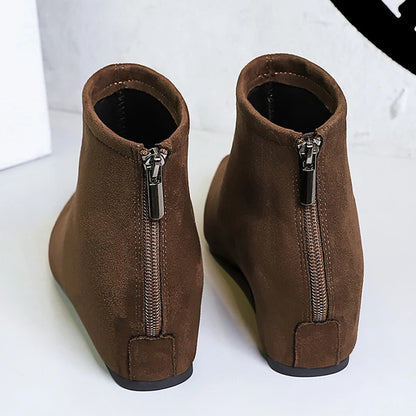 BIGTREE Shoes Women's Boots Rear Zipper Women's Ankle Boots Suede Square Head Wedges Boots Fashion Short Boots Botas Mujer
