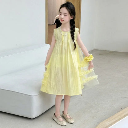 Mesh Skirt Summer Outfit for Girls Cotton Dress Elegant Girl Clothes 7 8 Years Kids Dresses 10 Old Sale Party Pink Princess Suit