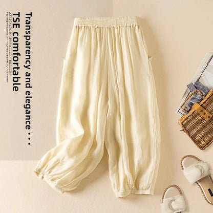 Summer Casual Cotton Linen Double Layer Lantern Pants Loose Elastic Waist Pure Color Wide Leg Harem Trousers for plus Size Women