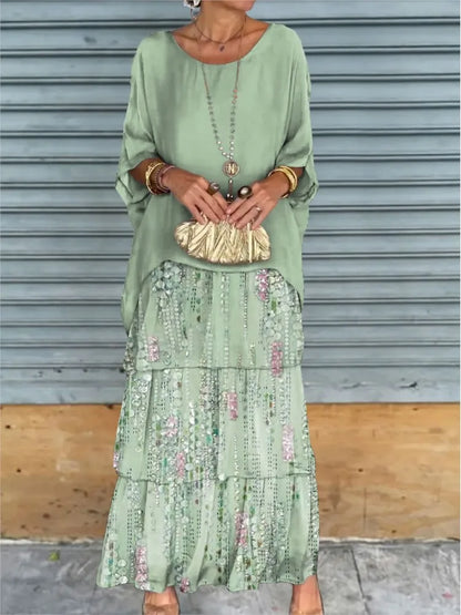 Fashion New Chiffon Printing Mesh Bat Sleeve O Neck Long Women's Dresses Summer Casual Loose Elegant Female Holiday Beach Dress