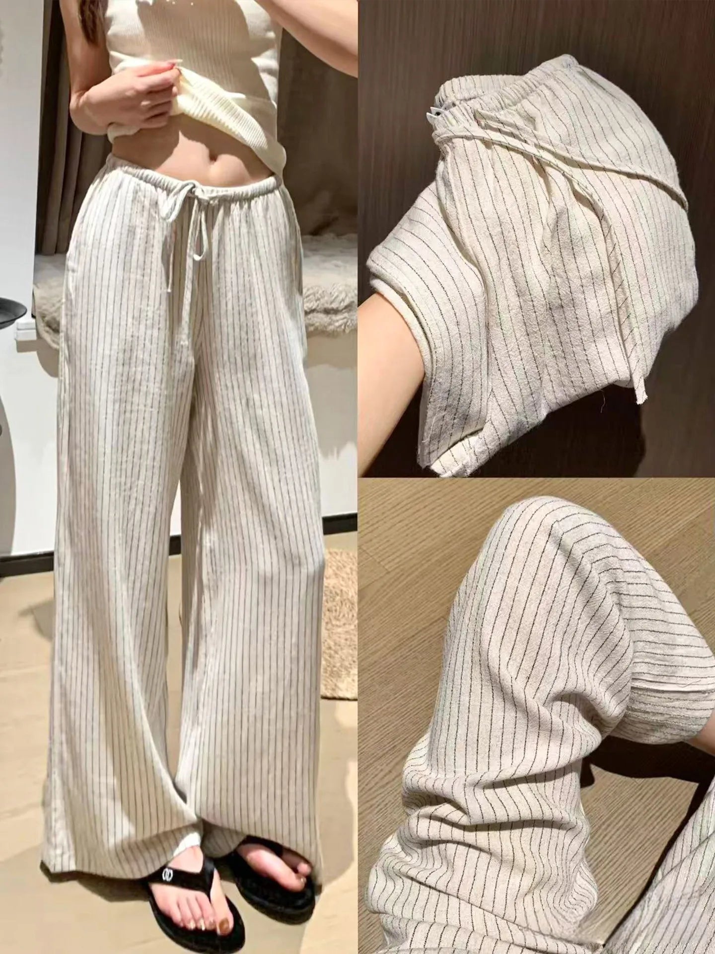 Casual Ice Silk Linen Stripe Wide Leg Pants Women Summer Thin plus Size Loose Drapey Small Cotton Linen Pants High Waist Stra...