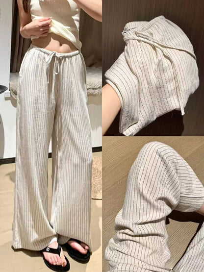Casual Ice Silk Linen Stripe Wide Leg Pants Women Summer Thin plus Size Loose Drapey Small Cotton Linen Pants High Waist Stra...