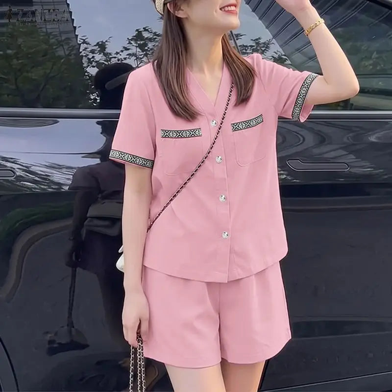 ZANZEA Women's 2-Piece Short Sets Printing Paneled V-Neck Short Sleeve Top Elastic Waist Shorts Matching Sets 2026 Summer Co-ord