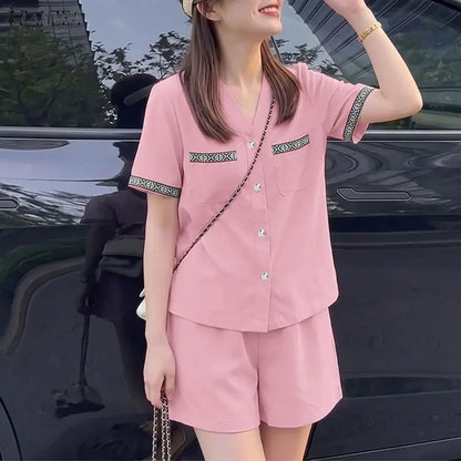 ZANZEA Women's 2-Piece Short Sets Printing Paneled V-Neck Short Sleeve Top Elastic Waist Shorts Matching Sets 2026 Summer Co-ord