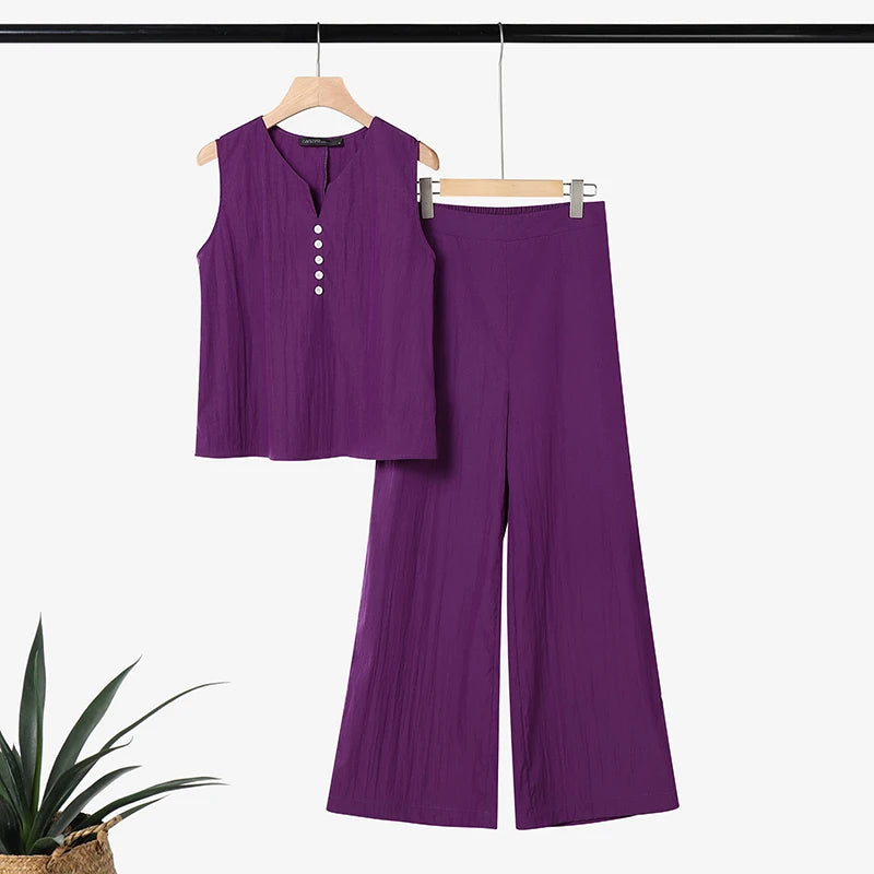 ZANZEA Fashion Summer 2 Pieces Sets Women V Neck Sleeveless Tanks Tops Trousers Suit Casual OL Work Pant Sets Solid OL Tracksuit