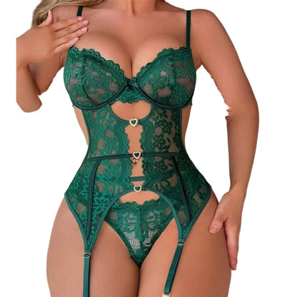 Lace Sexy Lingerie Set Sheer Transparent Bra Garter Belt Women's Hot Sleepwear Underwear Set Romantic Honeymoon Valentine's Gift