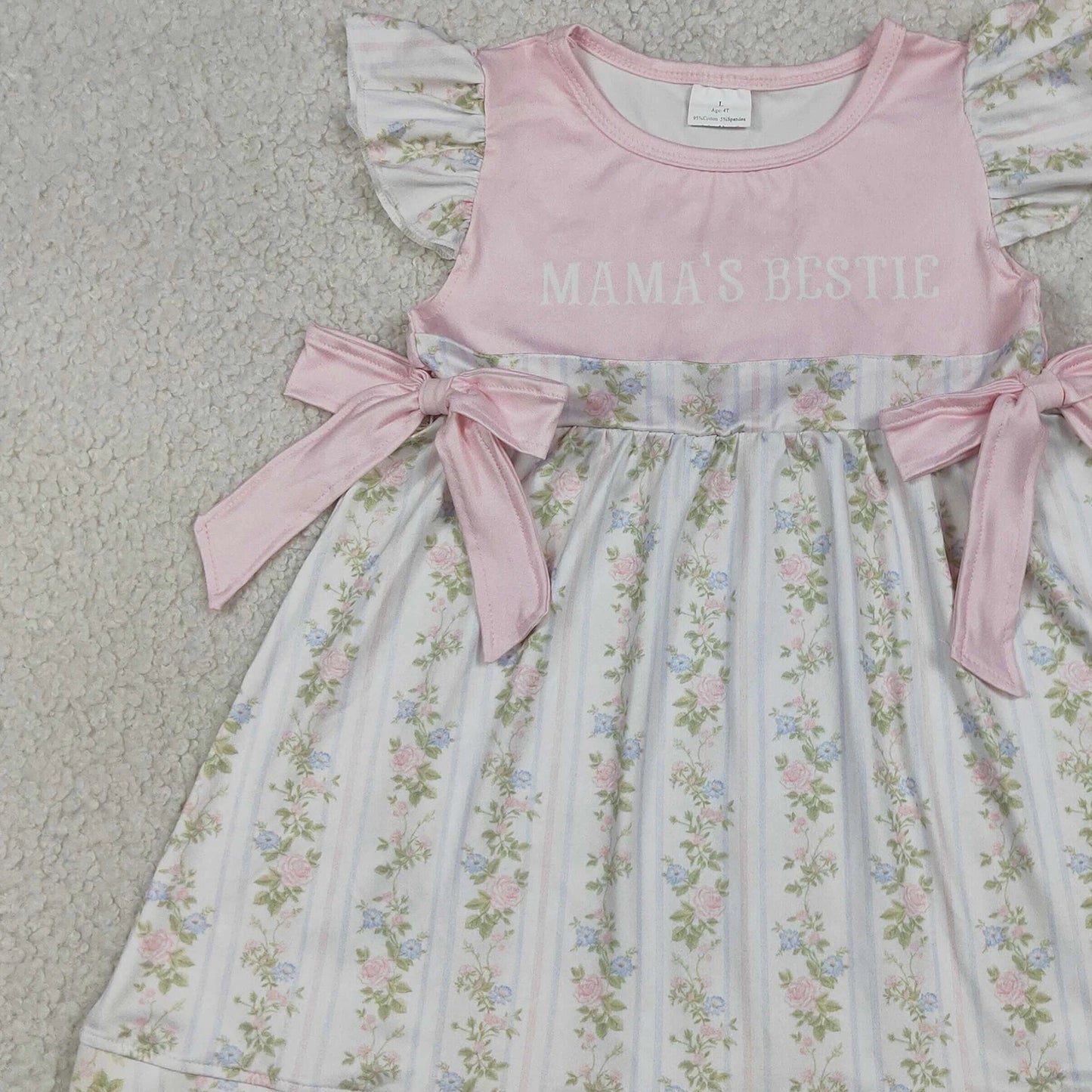 Toddler Baby Girls Mama's Bestie Flowers Stripe Scallop Knee Length Dresses Kids Summer Dress Infant Children Clothing Wholesale