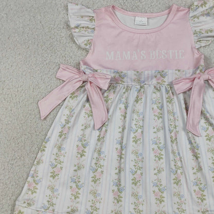 Toddler Baby Girls Mama's Bestie Flowers Stripe Scallop Knee Length Dresses Kids Summer Dress Infant Children Clothing Wholesale
