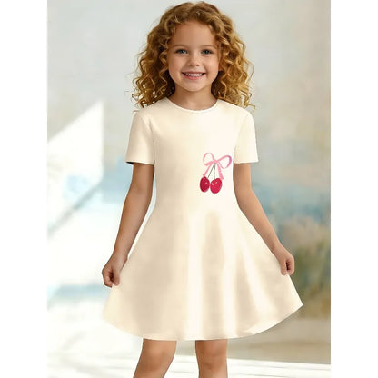 Little Girls 3 Styles Cherry Cartoon Rabbit Capybara Print Round Neck Short Sleeve A-Line Kids Summer Flared Swing Dress