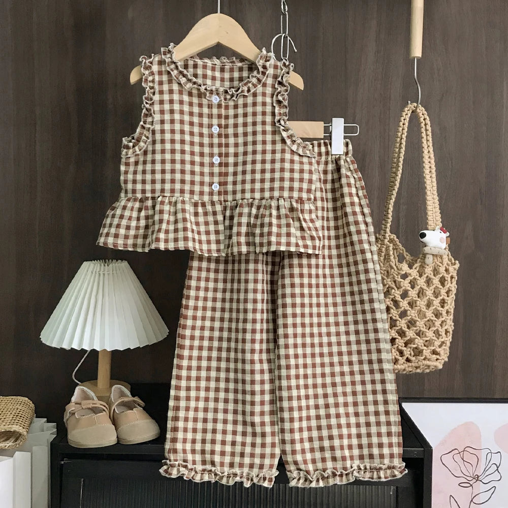 Pink Girl's Summer Two-piece Set with Single Breasted Sleeveless Top and Casual Pants, New Children's Sets Kids Clothes