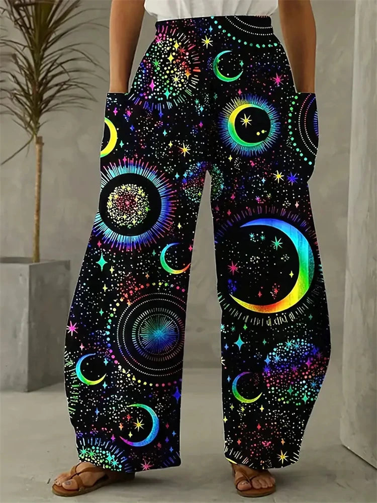 Women's Fashion New Wide-legged Pants Elegant 3d Sun, Moon And Star Printed Pants Women's Street Vintage Pants With Pockets