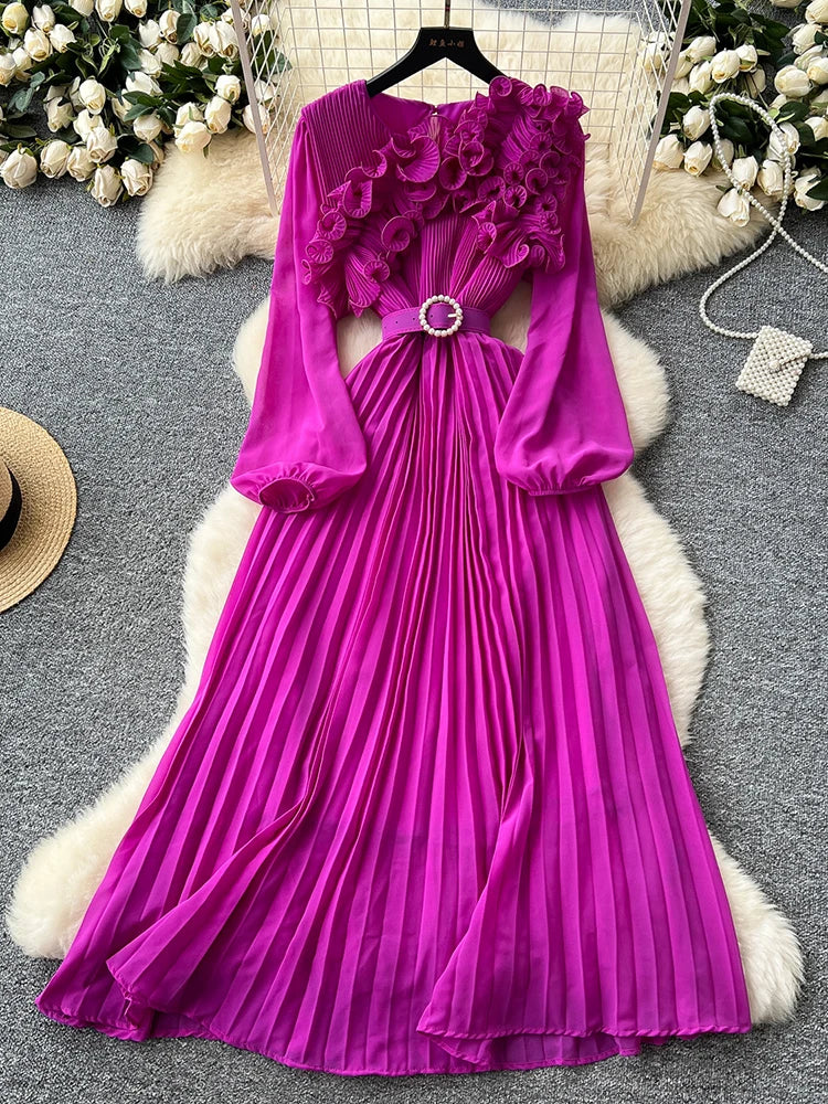 2026 Spring Autumn Fashion Elegant Dress for Women New French Mushroom Edge Crimping Loose Chiffon Long Sleeve Long Dress C141