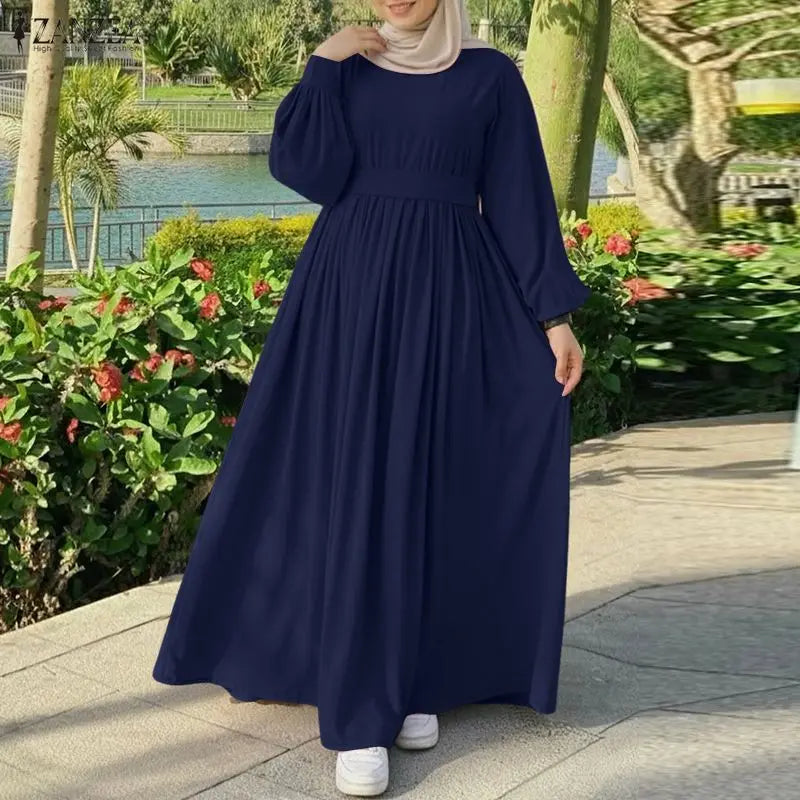 2026 ZANZEA Fashion Muslim Abaya Dress Dubai Robe Women Long Lantern Sleeve Pleated Sundress Elegant Solid A Line Party Dresses