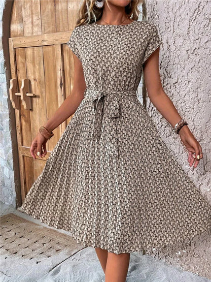 Ficusrong Fashion Floral Pleated A Line Long Dress Women Spring Summer Short Sleeve High Waist Chic Dress