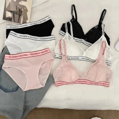 Bra Suit Letter Design Lingerie Set Deep V Wireless Women Underwear Suit Lace Color Blocking Bra Panties Set Gift