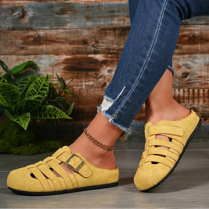Women Summer Mules Suede Fisherman Shoes Closed Toe Buckle Cut-out Flat Casual Footwear Soft Sole Comfortable Slip-on