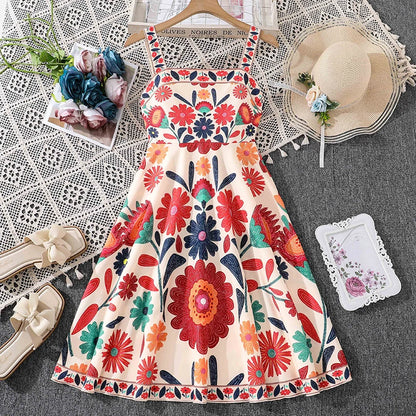 Girls 8-12 Vibrant Floral Dress, Front Spaghetti Straps Square Neck A-Line Skirt/Back Smocked Waist, Casual Kids Dress