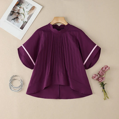 ZANZEA Women's Pleated Scalloped Mock Neck Blouses, Fashion High-Low Hem Tops with Contrast Trim Bell Sleeves, Woman Clothes