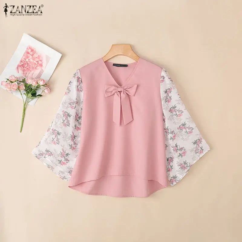 ZANZEA 2026 Women Bow Detail Blouses Elegant V-Neck Floral 3/4 Bell Sleeves Patchwork Tops Autumn Loose High Low Blusas Mujer
