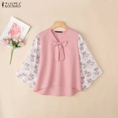 ZANZEA 2026 Women Bow Detail Blouses Elegant V-Neck Floral 3/4 Bell Sleeves Patchwork Tops Autumn Loose High Low Blusas Mujer