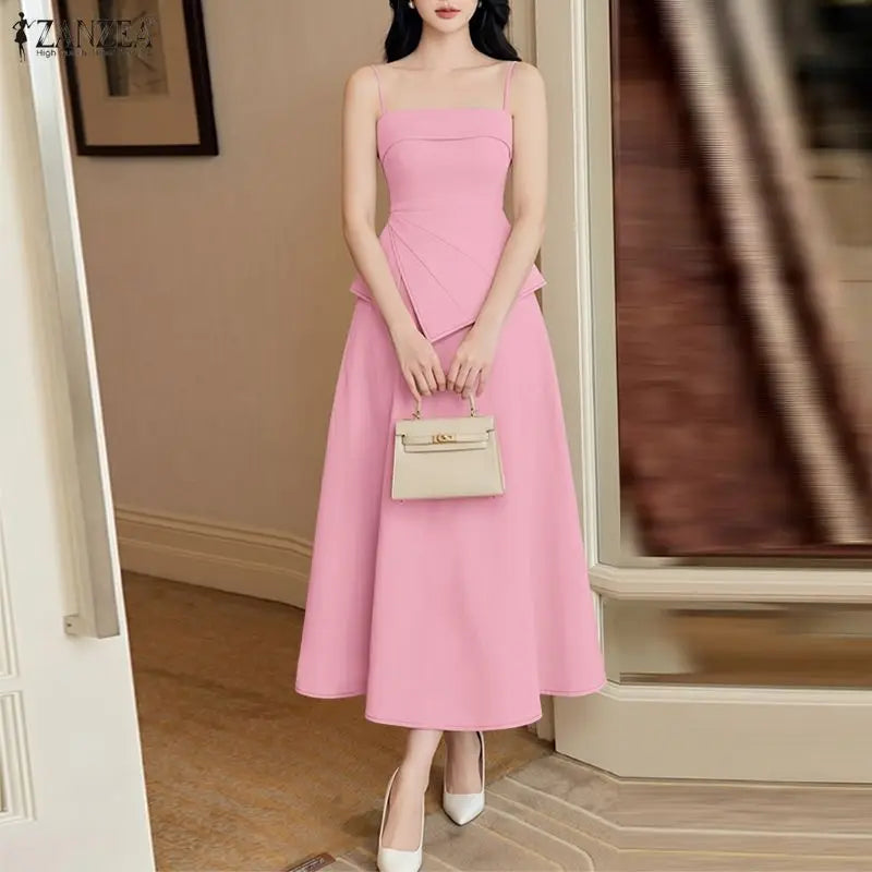 ZANZEA Women Elegant Skirt Suits Fashion Asymmetrical Hem Spaghetti Strap Top & A-Line Skirt 2 Pieces Sets Going-Out 2pcs Outfit