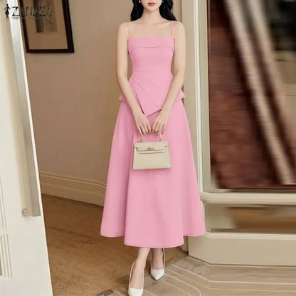 ZANZEA Women Elegant Skirt Suits Fashion Asymmetrical Hem Spaghetti Strap Top & A-Line Skirt 2 Pieces Sets Going-Out 2pcs Outfit