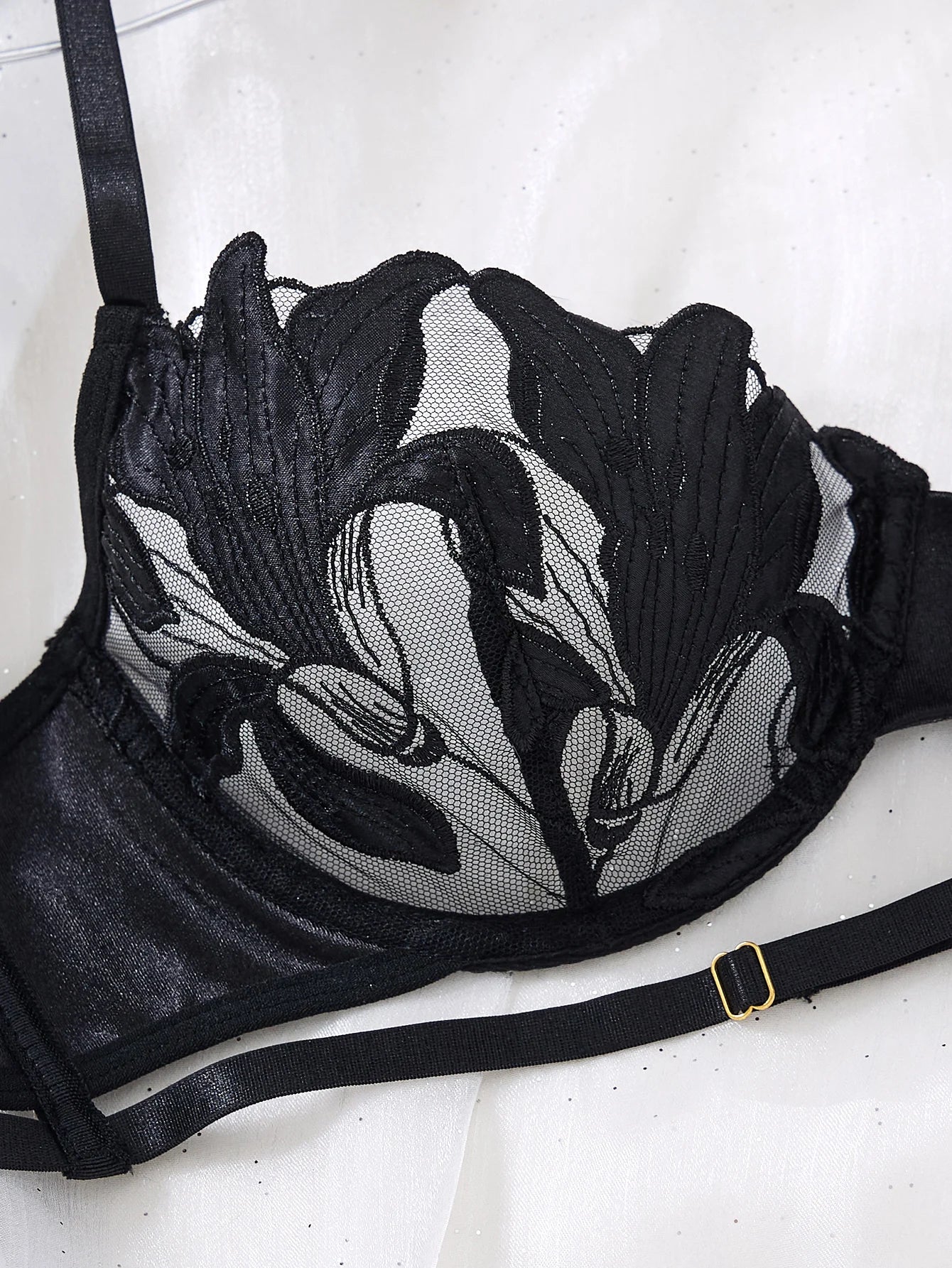 Sexy Women Black Floral Embroidery Lingerie Set Harness Strap Design Sheer Mesh Bra Thong Nightwear S‑XL