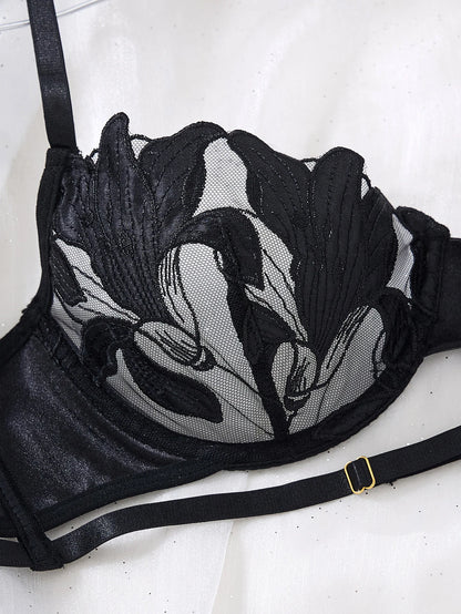 Sexy Women Black Floral Embroidery Lingerie Set Harness Strap Design Sheer Mesh Bra Thong Nightwear S‑XL