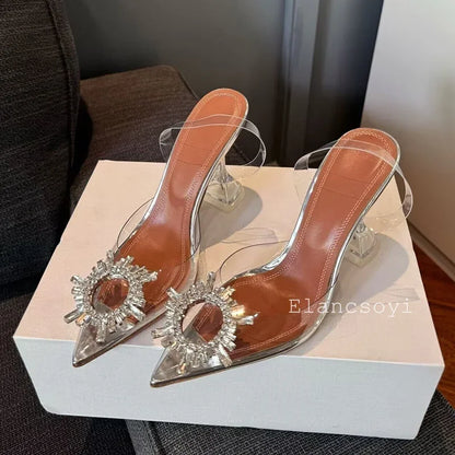 Summer Crystal Flower High Heels Women Transparent PVC Cup Heels Sandals Pointed Toe Back Strap Sandalias Sexy Party Dress Shoes