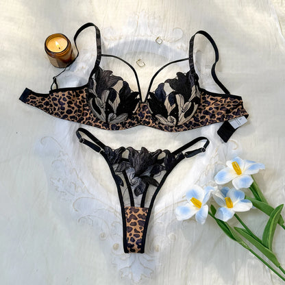 Ladies Animal Print Floral Embroidered Bra Thong Set Leopard Mesh Splice Lingerie Outfit Elegant Intimate Sleepwear ZA825183