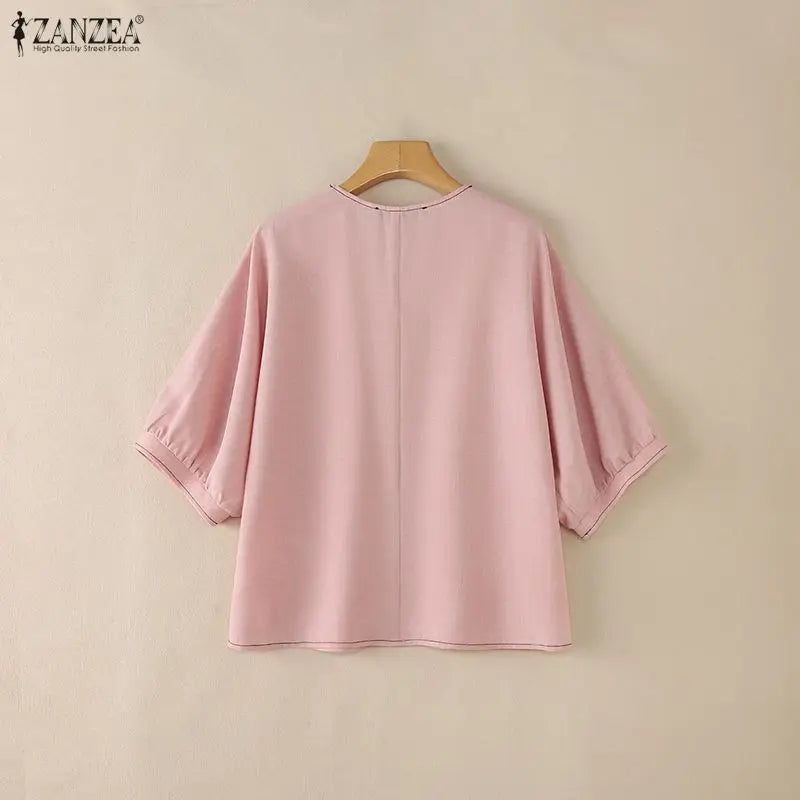 ZANZEA Contrast-Stitch V-Neck 3/4 Lantern Sleeve Blouses for Woman Casual Loose Pullover Tops Summer Daily Casual Blusa de Mujer