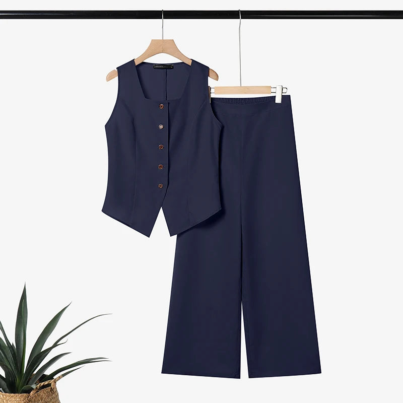 ZANZEA Women Summer Matching Pant Sets Square Neck Vests & Elastic Waist Pants 2 Piece Suits Casual Office Work Commute Outfits