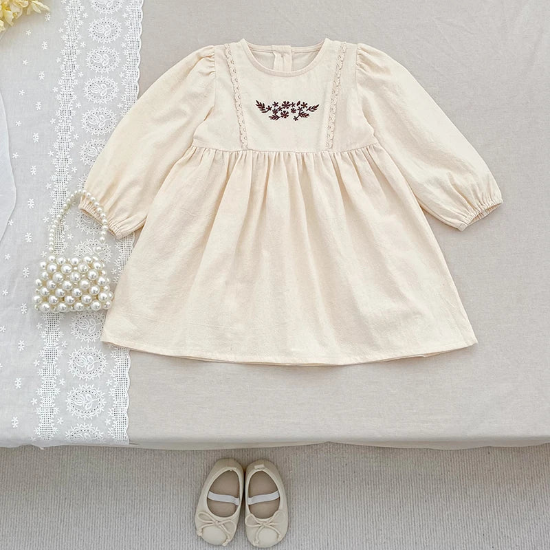 Children Girl Vintage Dress Spring Autumn Embroidered Flowers 2-7Y Kids Girls Princess Dress Long Sleeve Cotton Baby Girls Dress
