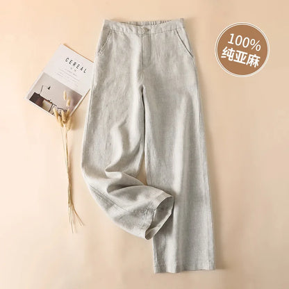 Women's 100% Pure Linen Wide-Leg Pants Loose Drape Ankle Length Summer Thin Straight-Cut Casual Trousers