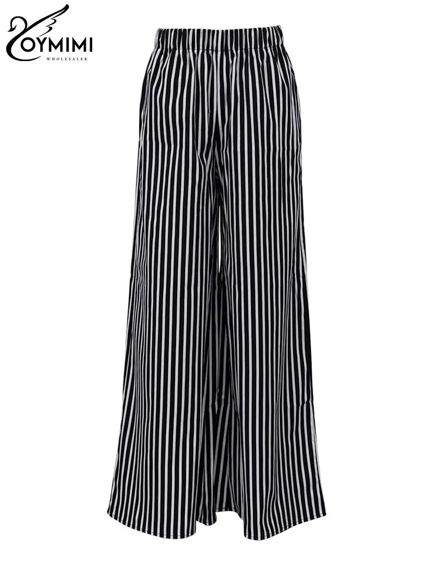 Oymimi Fashion Black Striped Print Women's Pants Elegant High Waist Loose Trousers Casual Straight Full Length Pants Streetwear