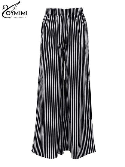 Oymimi Fashion Black Striped Print Women's Pants Elegant High Waist Loose Trousers Casual Straight Full Length Pants Streetwear