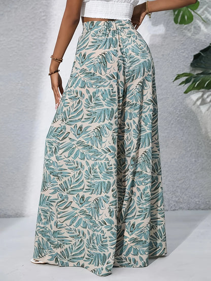 Women's Boho Print Chiffon Wide Leg Pants - High-Waisted Design, Summer Vacation Long Beach Pants, Casual Elegance Style