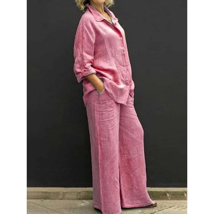 Spring and Summer Suit Women's Lapel Long-sleeved Loose Shirt High Waist Wide-leg Pants Casual Two-piece Set