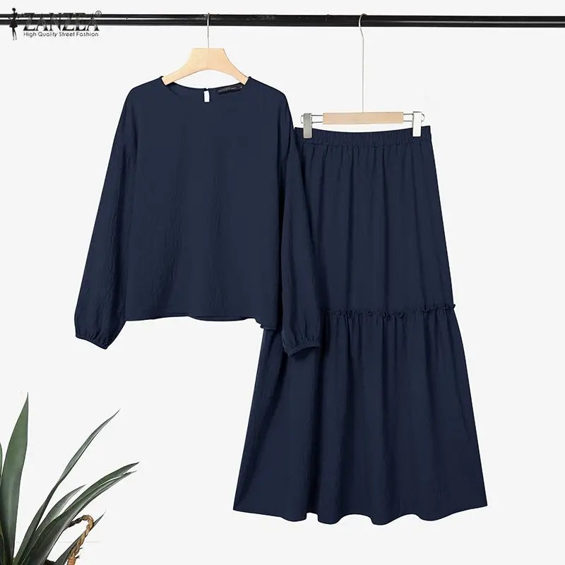 2026 ZANZEA Fashion Women Long Sleeve Tops Dress Suit Muslim 2 Piece Sets Solid Outfits Dubai Hijab Tracksuit A Line Skirt Sets