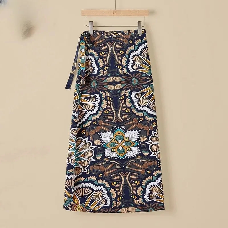 Vacation Style Wrap Skirt Beachside Long Skirt Women's High Waist A-Line Midi Skirt Floral Print One-Piece Summer Spring