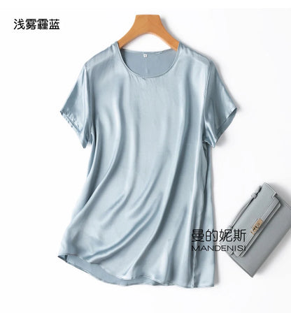 ZVAQS 100% Mulberry Silk T Shirts Woman Elegant Satin T Shirt 27 Colors High Quality Silk Summer Tops 2025 Women Clothing Топ